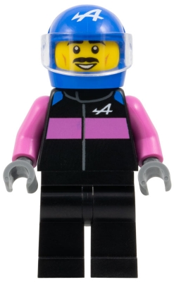 LEGO Formula 1 Driver, Alpine - Male, Black and Dark Pink Racing Suit, Blue Helmet, Trans-Clear Visor, Moustache minifigure