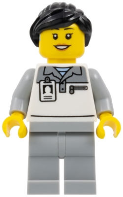 LEGO Formula 1 Mechanic - Female, Light Bluish Gray and White Polo Shirt, Light Bluish Gray Legs, Black Ponytail, Hearing Aid minifigure