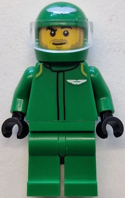 LEGO Formula 1 Driver, Aston Martin - Male, Green Racing Suit and Helmet, Trans-Clear Visor, Stubble minifigure