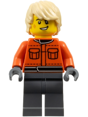 LEGO Formula 1 Race Crew Member - Male, Reddish Orange Racing Suit with Pockets, Dark Bluish Gray Legs, Tan Tousled Hair, Scuff Mark minifigure