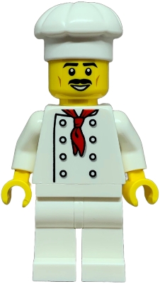 LEGO Pizza Slice Soapbox Race Car Driver (Chef) - Male, White Torso with 8 Buttons, No Wrinkles Front or Back, White Legs, White Chef Toque, Moustache minifigure