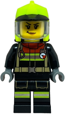 LEGO Fire Truck Soapbox Race Car Driver (Firefighter) - Female, Black Jacket and Legs with Reflective Stripes and Red Collar, Neon Yellow Fire Helmet, Trans-Clear Visor minifigure