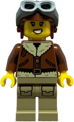 LEGO Airplane Soapbox Race Car Driver (Pilot) - Female, Reddish Brown Aviator Jacket, Dark Tan Legs with Pockets, Aviator Cap, Dark Bluish Gray Goggles minifigure