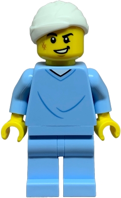 LEGO Hospital Bed Soapbox Race Car Driver (Patient) - Male, Bright Light Blue Hospital Gown and Legs, White Head Bandage, Scuff Mark minifigure