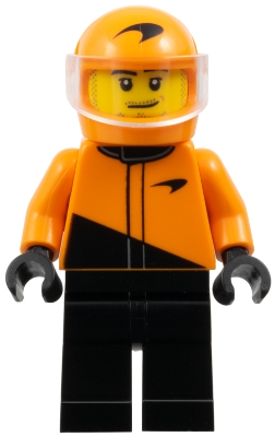 LEGO Formula 1 Driver, McLaren - Male, Black and Orange Racing Suit, Orange Helmet, Trans-Clear Visor, Stubble minifigure