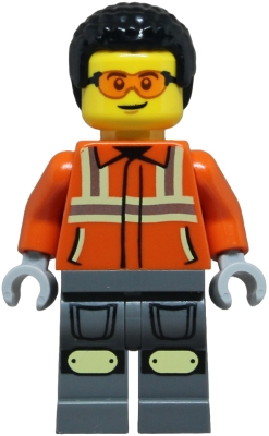 LEGO Construction Worker - Male, Reddish Orange Safety Jacket with Reflective Stripes, Dark Bluish Gray Legs with Knee Pads, Black Coiled Hair, Safety Glasses minifigure