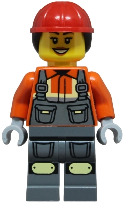 LEGO Construction Worker - Female, Dark Bluish Gray Overalls over Reddish Orange Safety Jacket with Reflective Stripes, Dark Bluish Gray Legs with Knee Pads, Red Construction Helmet with Dark Brown Ponytail Hair, Open Mouth Smile minifigure