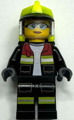 LEGO Fire - Female, Black Open Jacket and Legs with Reflective Stripes and Red Collar, Neon Yellow Fire Helmet, Trans-Clear Visor minifigure