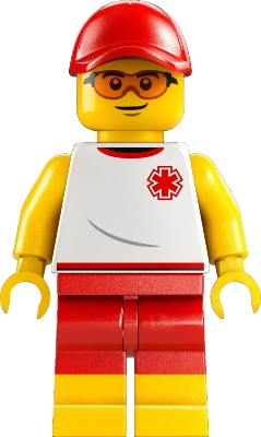 LEGO Beach Lifeguard - Male, White Shirt with EMT Star of Life, Red Shorts and Cap minifigure