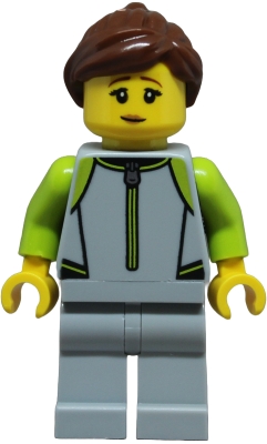 LEGO Surfer - Female, Light Bluish Gray and Lime Wetsuit, Light Bluish Gray Legs, Reddish Brown Hair with Ponytail minifigure