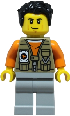 LEGO Adventurer - Male, Dark Tan Vest over Orange Shirt, Light Bluish Gray Legs, Black Hair minifigure