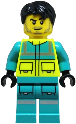 LEGO Paramedic - Male, Dark Turquoise and Neon Yellow Safety Vest, Legs with Silver Reflective Stripes, Black Hair minifigure