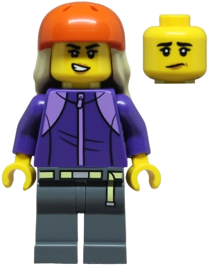 LEGO Skateboarder - Female, Dark Purple Tracksuit, Dark Bluish Gray Legs, Reddish Orange Sports Helmet, Tan Long Hair minifigure