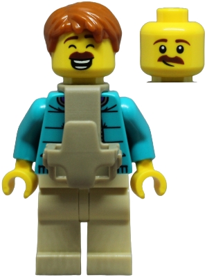 LEGO Dad - Dark Turquoise Jacket over Dark Purple Shirt, Tan Legs, Dark Orange Hair, Baby Carrier minifigure