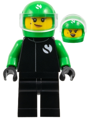 LEGO Formula 1 Driver, Sauber - Female, Black and Bright Green Racing Suit, Bright Green Helmet, Trans-Clear Visor, Beauty Mark minifigure