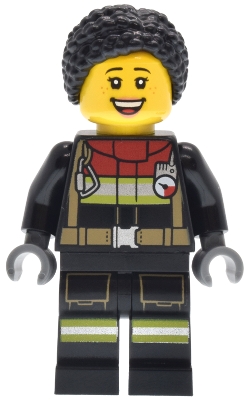 LEGO Fire - Female, Black Jacket and Legs with Reflective Stripes and Red Collar, Black Hair Braided with Knot Bun, Freckles minifigure