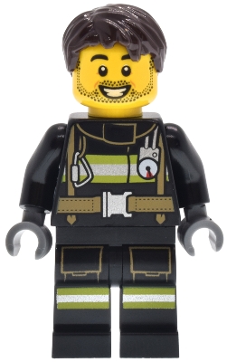 LEGO Fire - Male, Black Jacket and Legs with Reflective Stripes, Dark Brown Hair, Stubble minifigure