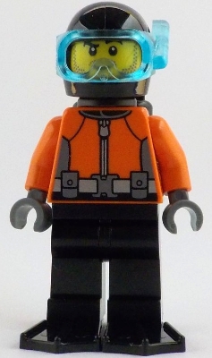LEGO Helmsman - Male, Reddish Orange Wetsuit, Black Legs, Helmet, Air Tanks and Flippers, Trans-Light Blue Visor, Dark Tan Stubble minifigure