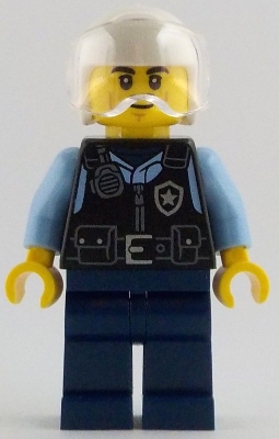 LEGO Police - City Officer Male, Black Safety Vest with Silver Star Badge Logo, Dark Blue Legs, White Helmet, Trans-Clear Visor, Lopsided Grin minifigure