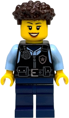 LEGO Police - City Officer Female, Black Safety Vest with Silver Star Badge Logo, Dark Blue Legs, Dark Brown Coiled Hair minifigure