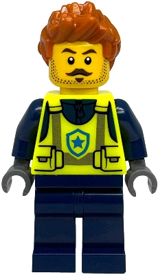 LEGO Police - City Officer Male, Neon Yellow Safety Vest, Dark Blue Legs, Dark Orange Spiked Hair minifigure