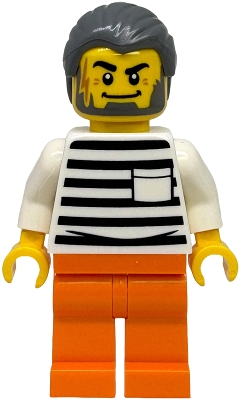 LEGO Police - City Jail Prisoner Male, White Shirt with Pocket and Black Stripes, Orange Legs, Dark Bluish Gray Hair minifigure