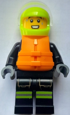 LEGO Fire - Male, Black Jacket and Legs with Reflective Stripes and Red Collar, Neon Yellow Helmet, Trans-Clear Visor, Orange Life Jacket minifigure
