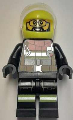 LEGO Fire - Male, Black Jacket and Legs with Reflective Stripes and Red Collar, Neon Yellow Helmet, Trans-Clear Visor minifigure