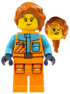 LEGO Arctic Photographer - Female, Orange Jacket and Legs, Medium Azure Trim, Dark Orange Hair minifigure