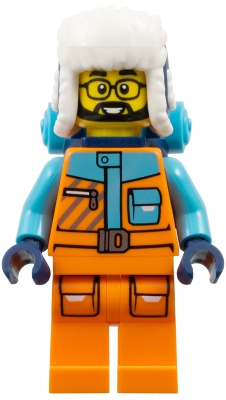 LEGO Arctic Explorer - Male, Orange and Medium Azure Jacket, Dark Blue Ushanka Hat, Black Beard, Glasses, Back Pack minifigure