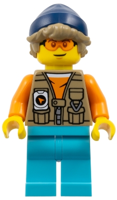 LEGO Arctic Explorer - Male, Dark Tan Vest over Orange Shirt, Medium Azure Legs, Dark Blue Beanie, Dark Tan Hair, Orange Glasses minifigure