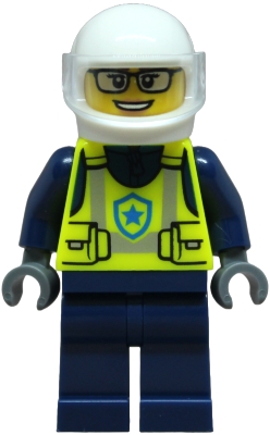 LEGO Police - City Officer Female, Neon Yellow Safety Vest, Dark Blue Legs, White Helmet, Trans-Clear Visor minifigure