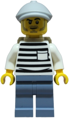 LEGO Police - City Jail Prisoner Male, White Shirt with Pocket and Black Stripes, Sand Blue Legs, Light Bluish Gray Flat Cap, Dark Tan Backpack minifigure