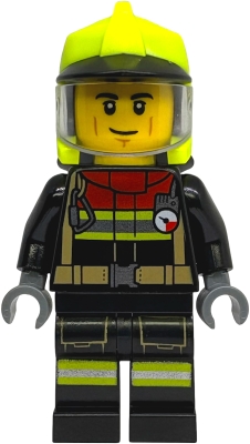 LEGO Fire - Male, Black Jacket and Legs with Reflective Stripes and Red Collar, Neon Yellow Fire Helmet, Trans-Clear Visor minifigure