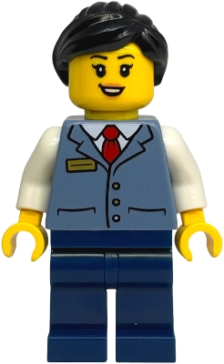 LEGO Train Driver - Female, Sand Blue Vest over White Shirt, Dark Blue Legs, Black Ponytail minifigure