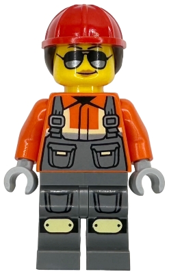 LEGO Construction Worker - Female, Dark Bluish Gray Overalls over Reddish Orange Safety Jacket with Reflective Stripes, Dark Bluish Gray Legs with Knee Pads, Red Construction Helmet with Dark Brown Ponytail Hair, Sunglasses minifigure