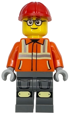 LEGO Construction Worker - Male, Reddish Orange Safety Jacket with Reflective Stripes, Dark Bluish Gray Legs with Knee Pads, Red Construction Helmet minifigure