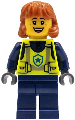 LEGO Police - City Officer Female, Neon Yellow Safety Vest, Dark Blue Legs, Dark Orange Mid Length Hair minifigure