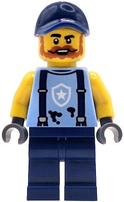 LEGO Police Mechanic - Male, Bright Light Blue Shirt with Suspenders, Black Splotches and White Star Badge Logo, Dark Blue Legs and Cap, Dark Orange Beard minifigure