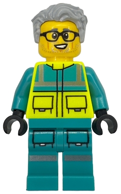 LEGO Paramedic - Male, Dark Turquoise and Neon Yellow Safety Vest, Legs with Silver Reflective Stripes, Glasses, Light Bluish Gray Hair minifigure