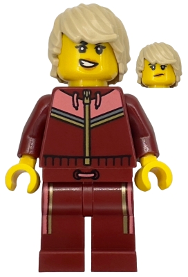 LEGO Skier - Female, Dark Red and Coral Jogging Suit, Tan Hair minifigure
