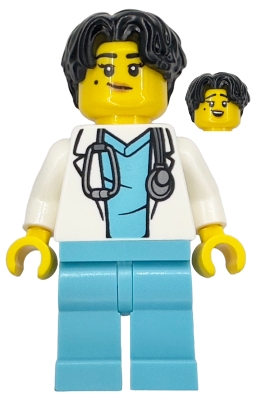 LEGO Doctor - Female, White Lab Coat with Stethoscope, Medium Azure Scrubs, Black Hair minifigure