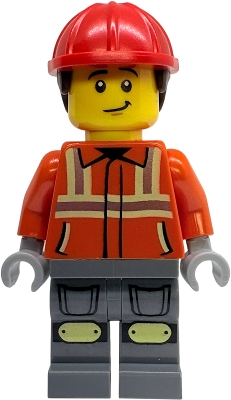LEGO Construction Worker - Male, Reddish Orange Safety Jacket with Reflective Stripes, Dark Bluish Gray Legs with Knee Pads, Red Construction Helmet with Dark Brown Short Curly Hair minifigure