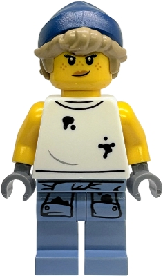 LEGO Tow Truck Operator - Female, White Sleeveless Shirt with Oil Stains, Sand Blue Legs with Shirt Sleeves with Oil Stains, Dark Blue Beanie, Dark Tan Hair minifigure