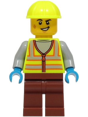 LEGO Train Worker - Male, Neon Yellow Safety Vest with Reflective Stripes, Reddish Brown Legs, Neon Yellow Construction Helmet minifigure