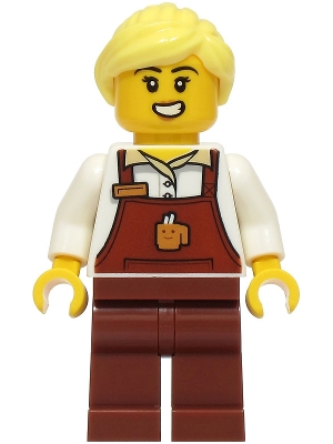 LEGO Barista - Female, Reddish Brown Apron with Cup and Name Tag, Reddish Brown Legs, Bright Light Yellow Ponytail minifigure