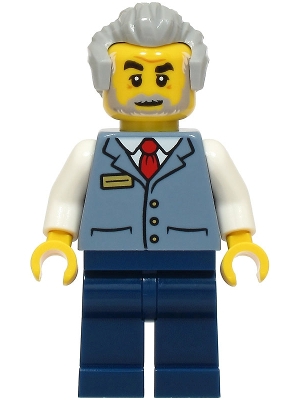 LEGO Station Master - Sand Blue Vest over White Shirt, Dark Blue Legs, Light Bluish Gray Hair minifigure