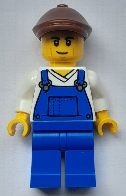LEGO Farmer - Male, Blue Overalls over V-Neck Shirt, Blue Legs, Reddish Brown Flat Cap minifigure