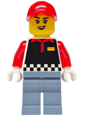 LEGO Fries Food Truck Vendor - Female, Black Vest, Sand Blue Legs, Red Cap minifigure