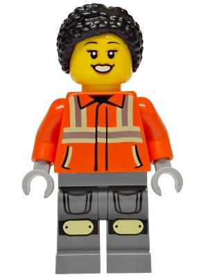 LEGO Construction Worker - Female, Reddish Orange Safety Jacket with Reflective Stripes, Dark Bluish Gray Legs with Knee Pads, Black Hair Braided with Knot Bun minifigure